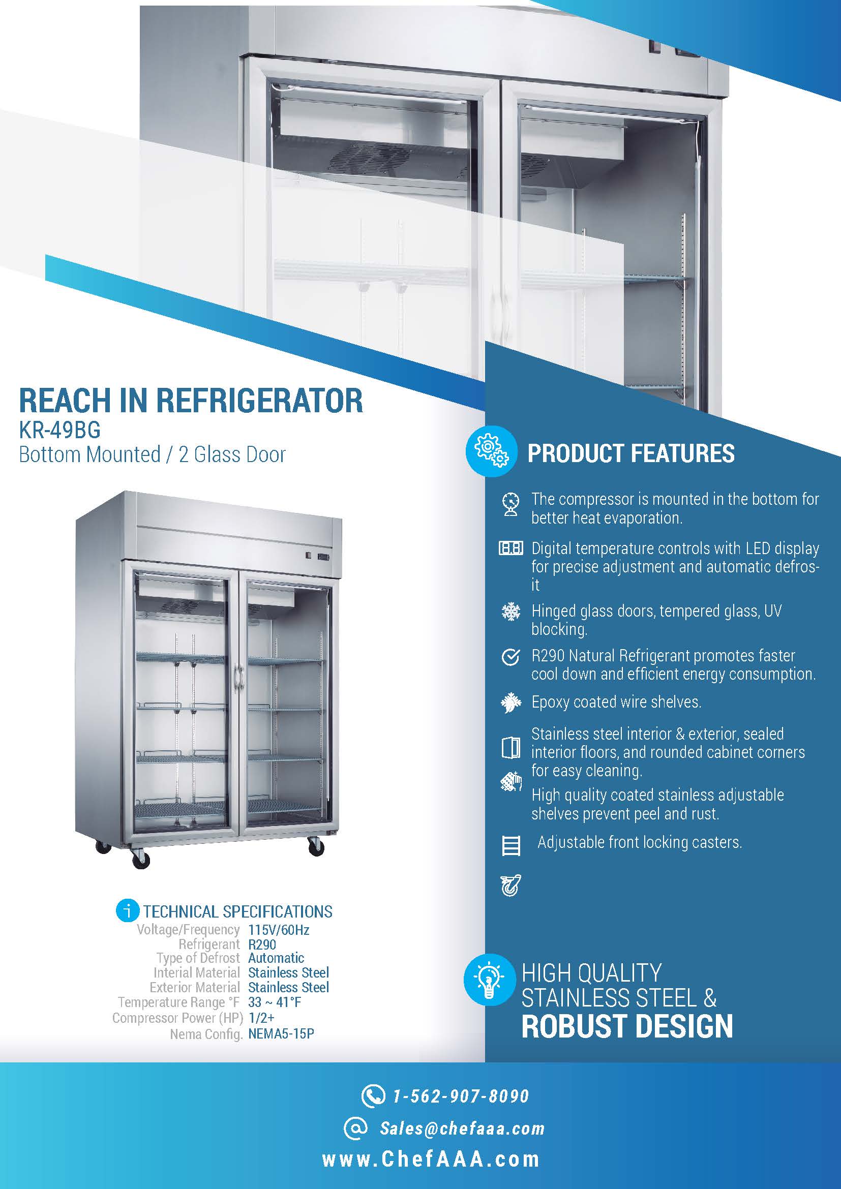 Chef AAA - TR-49BG 55" 2 Glass Door Reach-in refrigerator 40.72cu.ft NSF