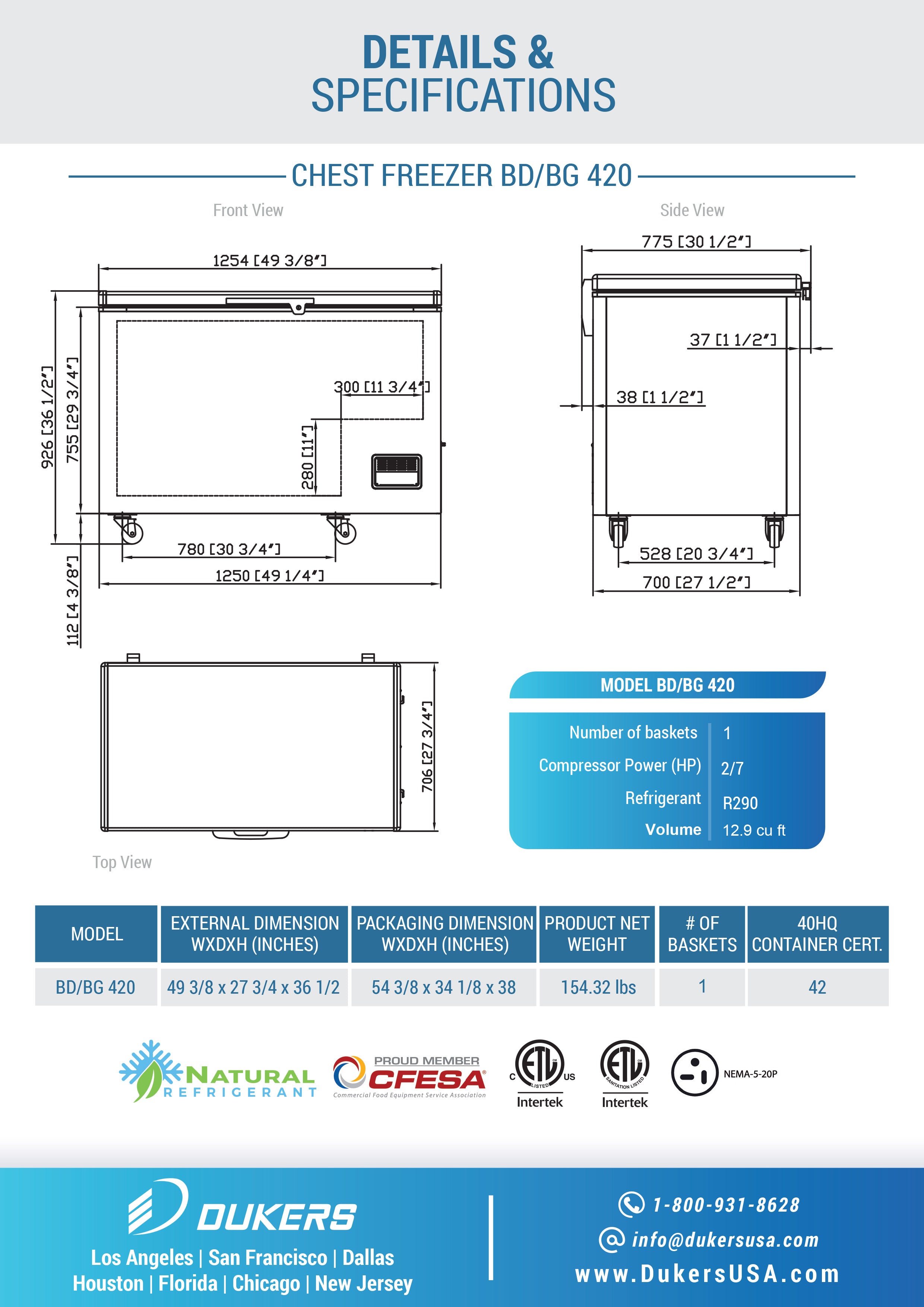 Dukers - BD/BG-420, 49" Chest Freezer With Solid Door