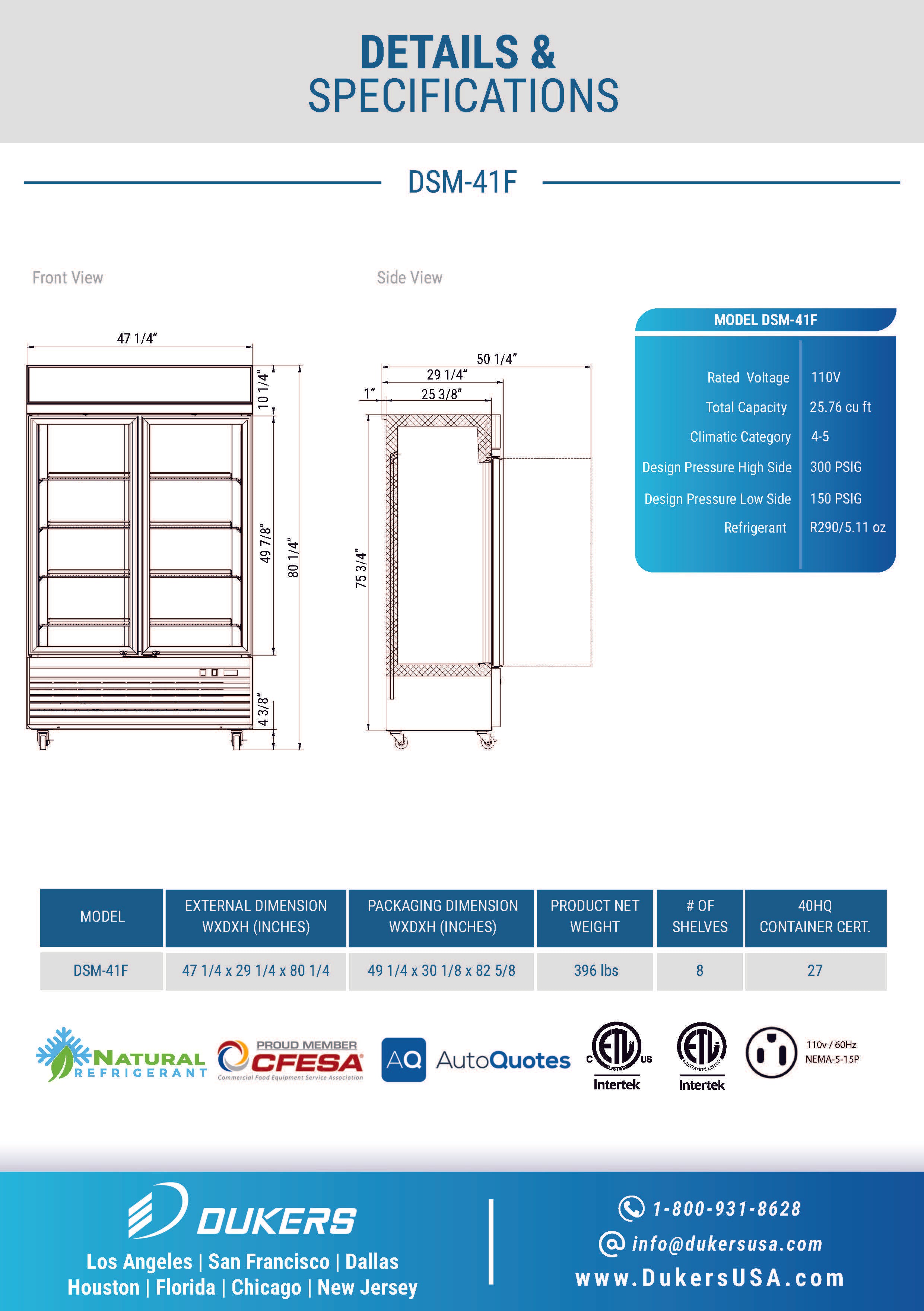 Dukers - DSM-41F Commercial 47-1/4"W 2 Glass Door Merchandiser Freezer