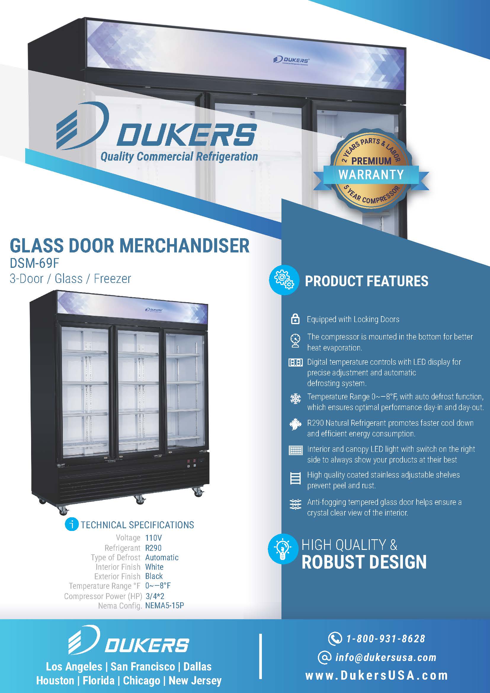 Dukers - DSM-69F Commercial 78"W 3 Glass Door Merchandiser Freezer