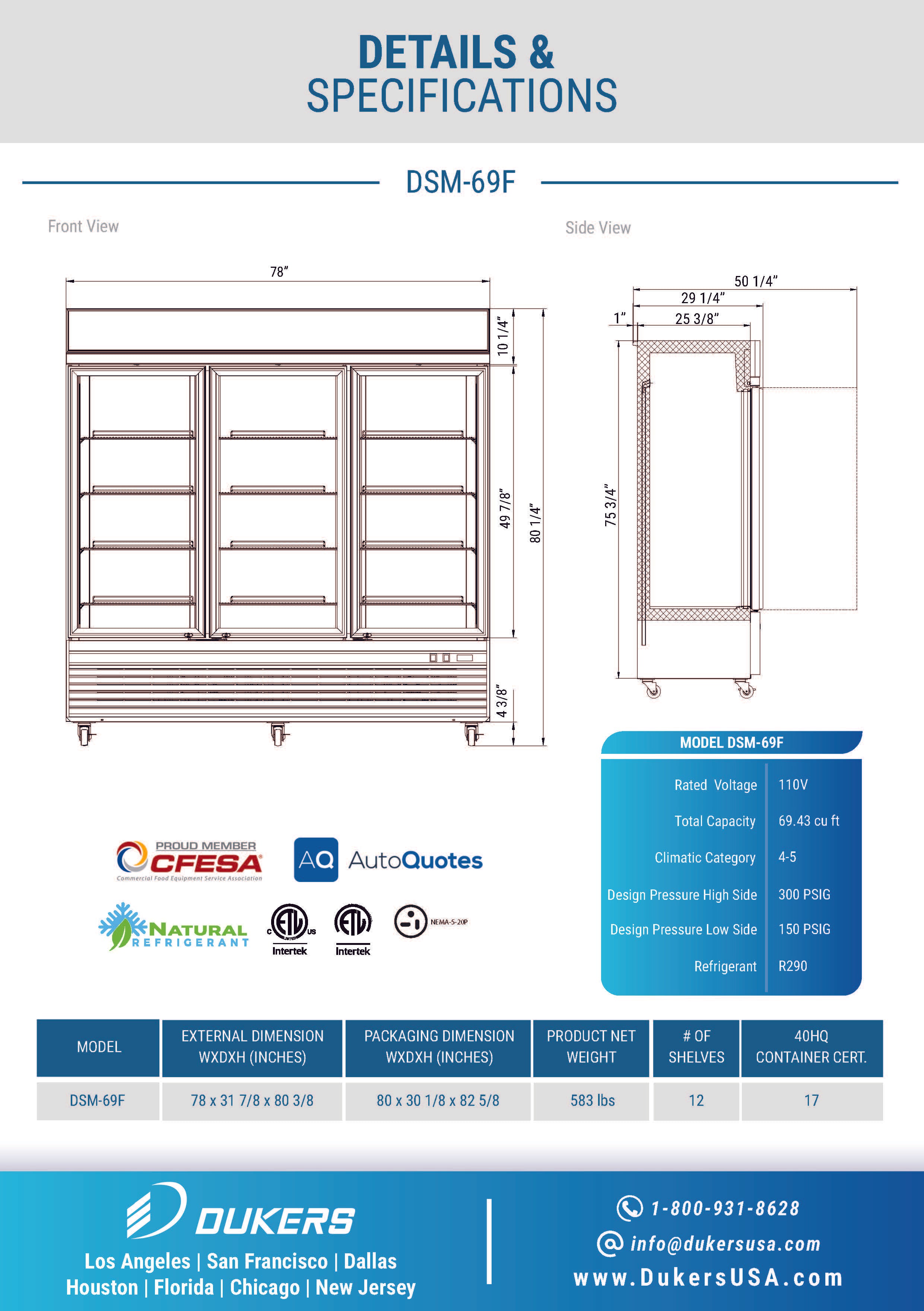 Dukers - DSM-69F Commercial 78"W 3 Glass Door Merchandiser Freezer