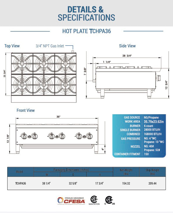 Chef AAA - KF-HP36-M, Commercial 36 Hot Plate Countertop 6 Burner Gas